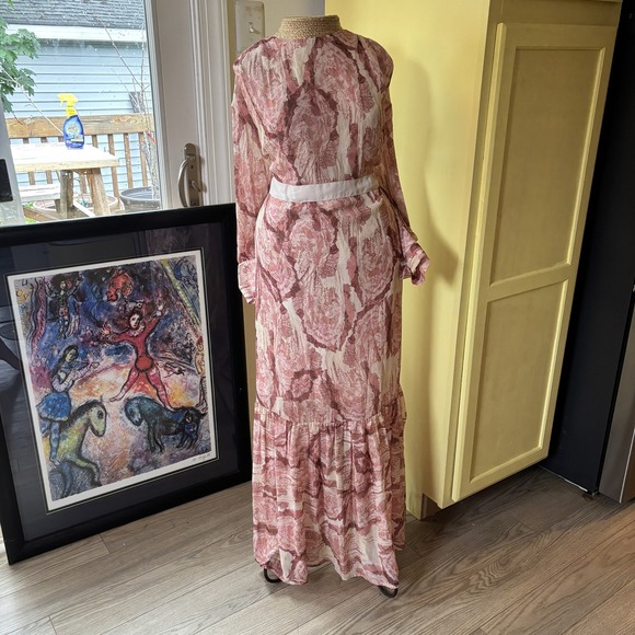 Dixie Dress Womens XS Pink White Floral Long Sleeve Maxi Sheer Ruffle Boho Chic - Picture 1 of 14